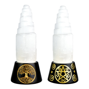 Selenite Tower with Engraved Color-Changing Base